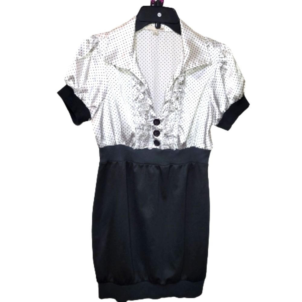 BEBOP dress black white polkadot satin top black buttons ruffles 60's happy days